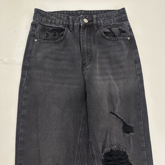 Shein Distressed Straight Women's size XS Black Denim jeans - Picture 2 of 5